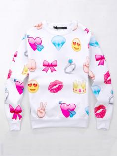 White Cheap Emoji Sweatshirts Crown Diamond Bowknot Ring Emoji Printed Clothing Men/Women  http://www.wsdear.com/