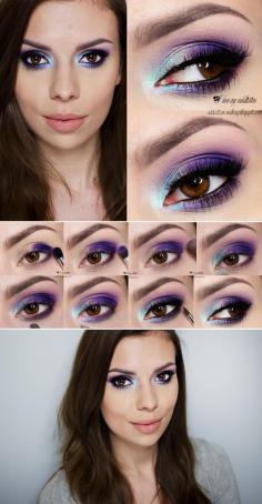 TUTORIAL :: Coastal Scents Hot Pots Look :: 1.) Edgy Eggplant (matte violet) 2.) Purple Panic (2 tones lighter to blend) 3.) Antique Lilac (lightest purple blends crease) 4.) Gypsy Blue (blue w/ gold flecks on lid) 5.) Violetta (dirty violet-lower lashline) 6.) CS Pigments Summit Turquoise Inter Violet (inner corner, wet) 7.)Liner 8.) Ardell Demi Wispies | by #ilovemyaddiction