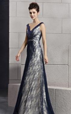 Blue Chiffon A-line V-neck Sleeveless Long Prom Dress