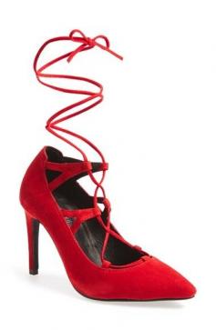 
                        
                            Corset-inspired laces crisscross the vamp and wrap around the ankle of a pointy-toe pump shaped from soft suede and set on a slender stiletto heel. @Nordstrom
                        
                    