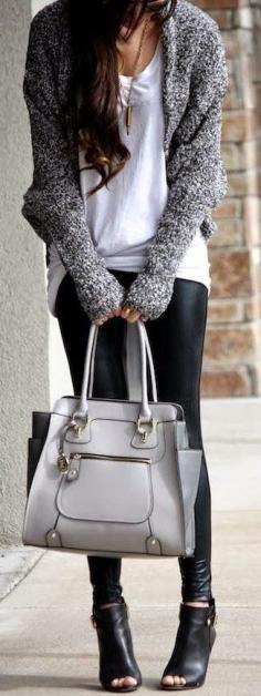 Fall Outfit Tweed Sweater White Top Black Leather Pants Gray Purse Black Leather Bootie Heels