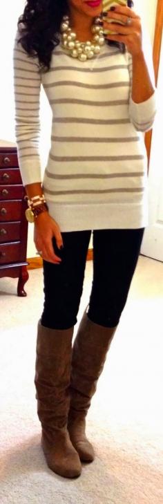 Fall outfit with stripe sweater, black skinny pant, and tall boots.  Big necklace or add a colored scarf makes this pop.