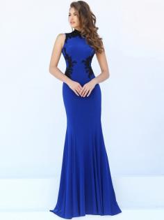 Unique Trumpet/Mermaid Appliques Lace High Neck Royal Blue Silk-like Satin Prom Dresses #Formal020100112