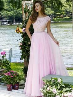 Scoop Neck Cap Straps Pink Lace Chiffon Appliques Lace Backless Prom Dresses #Formal020100080