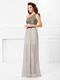A-Line/Princess One-Shoulder Sleeveless Sequin Floor-Length Chiffon Dresses
