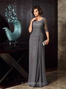 A-Line/Princess Scoop Chiffon 1/2 Sleeves Beading Applique Sweep/Brush Train Mother of the Bride Dresses