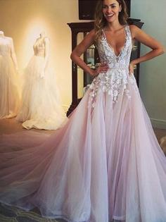 Princess V-neck Tulle Appliques Lace Court Train Open Back Amazing Formal Dresses #Formal020103499