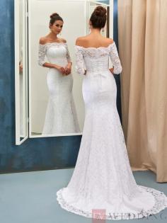 Lace Off-The-Shoulder Neck 3/4 Length Sleeves Trumpet/Mermaid Wedding Dress With Lace-Up
