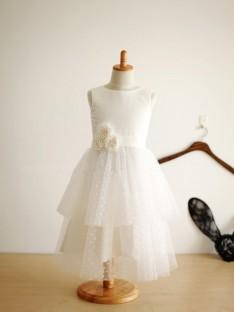 A-line/Princess Jewel Floor-length Tulle Flower Girl Dresses with Hand-made Flower