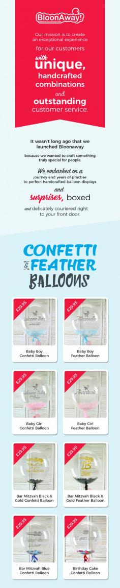 Shop for the best quality confetti & feather balloons in the UK from BloonAway Ltd. We are a team of balloon artists, committed to creating exceptional bouquets and sculptures to suit your event.