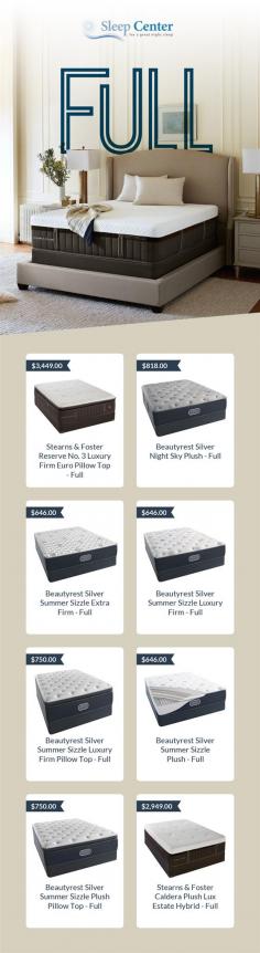 Looking for the full size branded mattress for your bedroom? Sleep Center is the right place for California’s people. We cater a range of top notch brands like Stearns & Foster and Beautyrest. 
