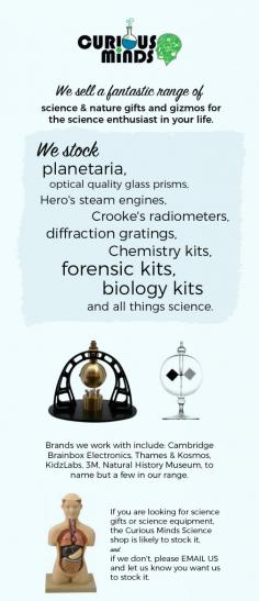 Get in touch with Curious Minds to buy different types of science gifts, toys & kits for your science lover. We have chemistry sets, electronic kits, orreries, solar system models, outdoor science gifts & more.