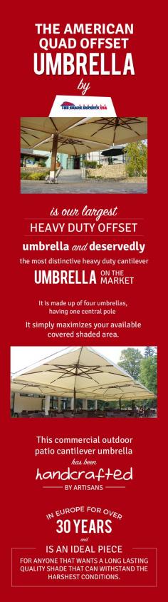 Maximize your covered shaded area with The American Quad offset umbrellas of The Shade Experts USA. It is made up of four umbrellas with one central pole by the expert artisans in Europe. 
