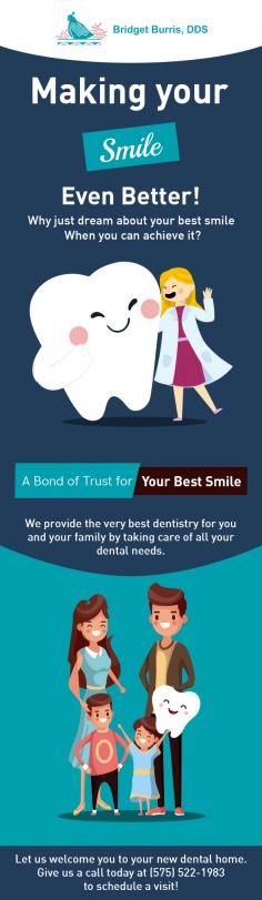 Looking for a trusted dentistry in Las Cruces, NM?  No need to go further than Bridget Burris, DDS. He provides a range of dental services such as general dentistry, family dentist, & cosmetic dentistry to make your smile better.  