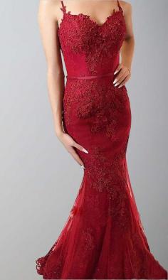 Red Straps Lace Prom Dresses Mermaid with Buttons KSP502