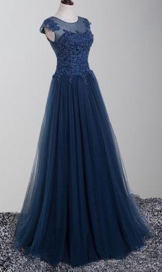 Blue Applique Lace Long Prom Gowns with Cap Sleeves KSP486