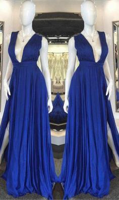 Deep V-neck Long Blue Prom Dresses Sexy Prom Maxi Dresses KSP528
