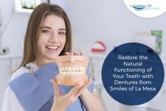 Take charge of your oral health and restore your smile with dentures, provided by a skilled dental team of Smiles of La Mesa. Dentures will replace your missing teeth and will help you restore the natural function of biting and chewing. For more details, visit our website.