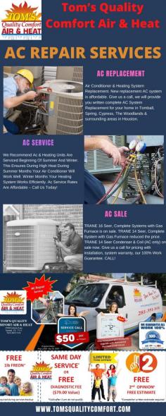AC Replacement Houston | Tom’s Quality Comfort-   AC Replacement Service by Tom’s Quality Comfort Houston’s best and most recognized AC Repair Service Providers Since 2004. Call today (281) 351-1616.Visit website: https://www.tomsqualitycomfort.com/ac-replacement-houston

