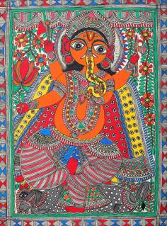 A distinctive miniscule of its own kind, painted on a hand made sheet of paper of a favourable size, in the ever-so-famous Madhubani style of art. Madhubani or Mithila art has its roots from a village in Bihar; it uses two dimensional imagery and naturally derived colors from plants. As shown here, this stylized Tribal Ganesha painting aptly depicts an association of Madhubani art with nature, scenes and deities from the ancient epics.

Visit for Products: https://www.exoticindiaart.com/product/paintings/dancing-ganesha-DP48/

Paintings: https://www.exoticindiaart.com/paintings/

#paintings #art #indianart #ganeshapaintings #dancingganesha #madhubanipaintings #paperpaintings
