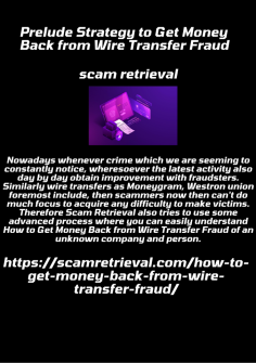 Prelude Strategy  to Get Money Back from Wire Transfer Fraud
Nowadays whenever crime which we are seeming to constantly notice, wheresoever the latest activity also day by day obtain improvement with fraudsters. Similarly wire transfers as Moneygram, Westron union foremost include, then scammers now then can't do much focus to acquire any difficulty to make victims. Therefore Scam Retrieval also tries to use some advanced process where you can easily understand How to Get Money Back from Wire Transfer Fraud of an unknown company and person. https://scamretrieval.com/how-to-get-money-back-from-wire-transfer-fraud/
