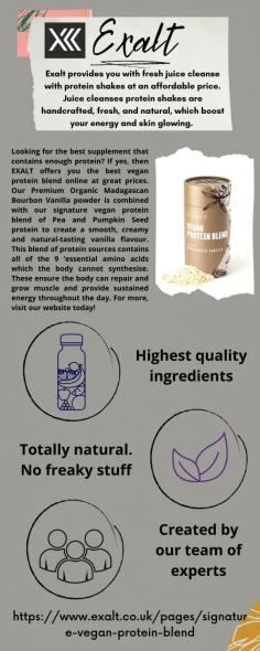 EXALT offers you the best vegan protein blend that contains all of the 9 ‘essential amino acids. Our signature triple-release vegan protein blend is flavored with natural no-expense-spared luxurious ingredients such as Madagascan vanilla & organic raw Cacao from the Congo. Our signature vegan blend does not leave you lacking. Would you like to place your order? Visit our website today!