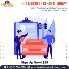 Dismiss your traffic ticket with Fastest Online Defensive Driving Course in Texas. Easy, State Approved Course with Cutting-edge technology.  Get your traffic ticket dismissed and avoid insurance premium increases. For more information, contact us at 800-674-8110 or visit https://www.premierdefensivedriving.com/courses/texas