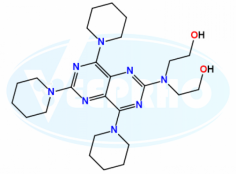 Dipyridamole EP Impurity A
Catalogue No. - VL47001
CAS No. - 16982-40-4
Molecular Formula - C₂₅H₄₀N₈O₂
Molecular Weight - 484.64
IUPAC Name - 2,2'-[(4,6,8-Tri-1-piperidinylpyrimido[5,4-d]pyrimidin-2-yl)imino]bisethanol
Synonyms - Dipyridamole Related compound A