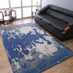 Hand Knotted Wool 5'x8' Area Rug Abstract Blue Beige N00806