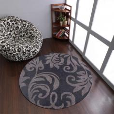 Hand Tufted Wool 6'x6' Round Area Rug Floral Black Gray K00203