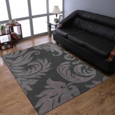 Hand Tufted Wool 5'x8' Area Rug Floral Black Gray K00203