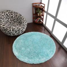 Hand Tufted Shag Polyester 10'x10' Round Area Rug Solid Turquoise White K00111