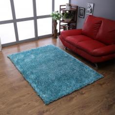 Hand Tufted Shag Polyester 8'x10' Area Rug Solid Turquoise White K00111