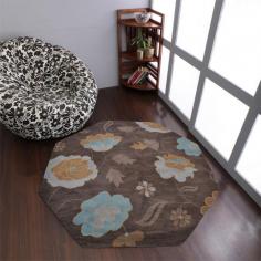 Hand Tufted Wool 8'x8' Octagon Area Rug Floral Brown K00518