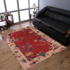 Hand Tufted Wool 8'x10' Area Rug Floral Red Camel K00685