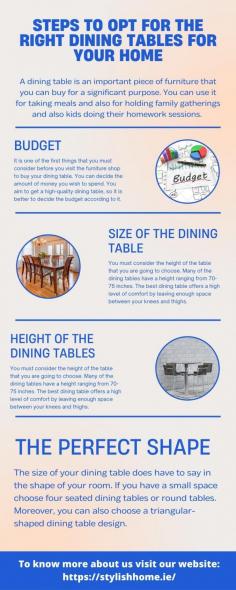 Steps to Opt For the Right Dining Tables for Your Home

A dining table is an important piece of furniture that you can buy for a significant purpose. You can use it for taking meals and also for holding family gatherings and also kids doing their homework sessions. It can be the best centerpiece in your house where you hang out with your loved ones and friends so that you are all together and have fun. But you don’t know how to find the right dining table for your home and it really means having the perfect one. 