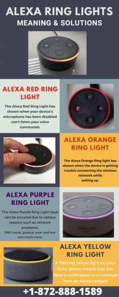 Alexa is a smart virtual assistant device. Sometimes Alexa device has shown some technical and mechanical issues. Most of users has faced Alexa ring lights issues. Alexa has shown different type of ring lights, when you setup Alexa device. Alexa device has shown Red ring, Orange ring, purple ring and yellow ring lights. Find the right solutions to fix the Alexa ring light issues through Free Live Chat or Toll-free at +1-872-888-1589.
