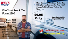 Hopes2290 is a certified IRS Authorized E file provider To file Form 2290 Tax and form 8849 Tax. File your IRS HVUT Tax Form 2290 online and get your IRS 2290 Schedule-1 in less than 10 minutes. HOPES2290 has been tried by many fleet companies and independent truck drivers all over the united states and has been proven to stand simple, speedy, and accurate even for the folks not having computer skills. Hopes2290 takes honor in our service and commitment to offering the best yet reliable tax service on the market for any client size large or small. www.hopes2290.com helps you to e-file form 2290 at an affordable cost Only starting from $6.95 per filing.
