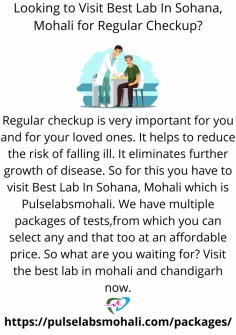 Regular checkup is very important for you and for your loved ones. It helps to reduce the risk of falling ill. It eliminates further growth of disease. So for this you have to visit Best Lab In Sohana, Mohali which is Pulselabsmohali. We have multiple packages of tests,from which you can select any and that too at an affordable price. So what are you waiting for? Visit the best lab in mohali and chandigarh now.

https://pulselabsmohali.com/packages/

