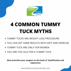 Myths -
Tummy Tucks are weight loss procedure.
You can get same results with diet and exercise.
Tummy Tuck are only for Women.
You are too old for a Tummy Tuck.

 Know more About Tummy tuck - 
Call: +919958221983, 9958221981
Aya Nagar, Pillar 184, Arjan garh Metro Station, New Delhi 