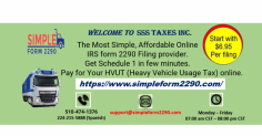 
Simple form 2290 - the most simple, affordable online tax filing service provider for your HVUT (Heavy Vehicle Usage Tax) IRS 2290 filing on the web. IRS 2290, 2290 amendments and VIN corrections. Receive Your Approved IRS 2290 Schedule-1 in 15 minutes, If a truck doesn’t file between July 1st – and August 31st or within the month of purchase they are liable for penalties. www.simpleform2290.com helps you to e-file form 2290 at an affordable cost at $6.95 per filing.