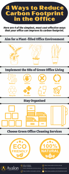 Efficient practices reduce operating costs and help increase employee productivity. With these 4 simple ways, you can minimize your carbon output and inspire your coworkers to do the same. Contact office cleaner Singapore ( https://www.avalon-services.com.sg/service/office-cleaning/ ) to deliver a clean, safe, and hygienic office environment to you. 