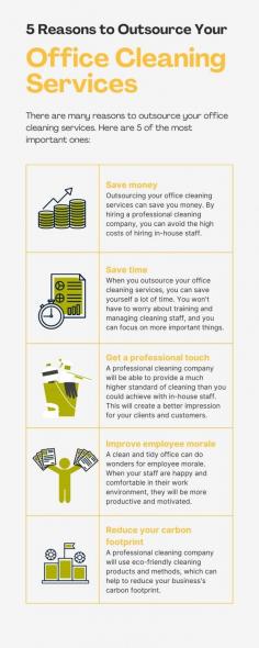 5 Reasons to Outsource Your Office Cleaning Services

There are many reasons to outsource your office cleaning services. Here are 5 of the most important ones:

1. Save money - Outsourcing your office cleaning services can save you money. By hiring a professional cleaning company, you can avoid the high costs of hiring in-house staff.

2. Save time - When you outsource your office cleaning services, you can save yourself a lot of time. You won't have to worry about training and managing cleaning staff, and you can focus on more important things.

3. Get a professional touch - A professional cleaning company will be able to provide a much higher standard of cleaning than you could achieve with in-house staff. This will create a better impression for your clients and customers.

4. Improve employee morale - A clean and tidy office can do wonders for employee morale. When your staff are happy and comfortable in their work environment, they will be more productive and motivated.

5. Reduce your carbon footprint - A professional cleaning company will use eco-friendly cleaning products and methods, which can help to reduce your business's carbon footprint.

Maintaining a clean and presentable office is important for both the appearance of your business and the health of your employees. Professional office cleaning services Singapore can help you keep your office clean and free of common problems, such as dust, dirt, and stains.