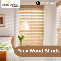 Why Faux wood blinds? The look of wood + the carefree upkeep = perfect for kitchens, bathrooms & laundry rooms. And if you like, you can enjoy the ease of automation! For more information call 877-770-8787 to schedule a consultation.