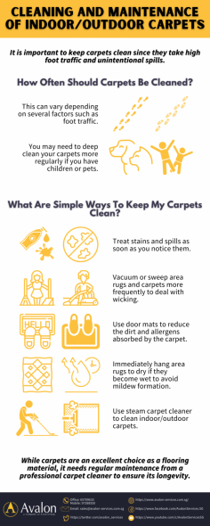 There’s a reason why so many homes come with carpet: easy to maintain, can be customized to suit any decor, improves air quality, and supports healthier spaces for living. This infographic shows how you clean and maintain your indoor/outdoor carpet to ensure its longevity. Though some may worry that the carpet may not be kept as clean as they really want, you can hire a professional carpet cleaner every once in a while.

To learn more about carpet cleaning in Singapore, visit https://www.avalon-services.com.sg/service/carpet-cleaning/ for more details.