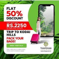 Are you searching for the best honeymoon resort in the Kodaikanal? Thapovan Resort is a perfect honeymoon resort in Kodaikanal. It is a beautiful place for those who are planning to enjoy a romantic and peaceful vacation. Thapovan Kodai Hills presents Weekday Offer! FLAT 50% OFF on VILLA TARIFF! Now, Classic Villas at just Rs.2250/- Per Night for a Couple at Thapovan Farm stay, Kodai Hills in Tamil Nadu.