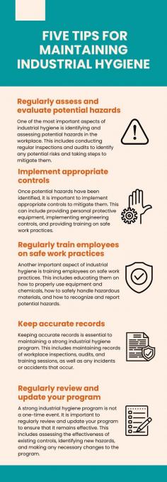 Five Tips for Maintaining Industrial Hygiene

This infographic provides an in-depth look at the importance of industrial hygiene in the workplace and offers five tips for maintaining a safe and healthy environment for employees. From regular hazard assessments to providing training on safe work practices, learn how to effectively implement an industrial hygiene program and ensure compliance with regulations.

Industrial cleaning services play a critical role in maintaining industrial hygiene in the workplace. These services help to remove hazardous materials and contaminants, such as dust, chemicals, and bacteria, that can compromise the health and safety of employees. By regularly scheduling industrial cleaning, employers can ensure that their facility is kept clean and safe, which in turn can help to prevent workplace accidents and illnesses.

#industrialhygiene #workplacesafety #healthandsafety #manufacturingsafety #industrialcleaning #workplacehealth #workplacewellness #industrycleanup #cleanworkplace