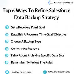 Data loss is a significant concern for any business. It can lead to time-consuming and costly recovery operations and even result in a loss of important customer data. Businesses must have a well-defined Salesforce data backup strategy to prevent these issues. To learn more about the top six ways to improve your Salesforce data backup strategy, visit here: https://www.archiveon.cloud/6-ways-to-refine-salesforce-data-backup-strategy/