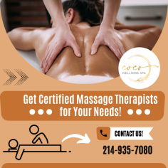 Get Experienced Massage Therapists Today!

At Coco Wellness Spa, we offer massage therapy as a natural conservative treatment for the relief of musculoskeletal pain for many of our patients. Our trained staff analyze your condition with thorough examinations and diagnostics so that we can assess the extent of your injury and determine the proper course of action for your treatment. Contact us today!
