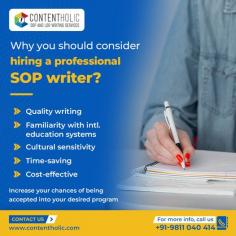 India is home to a large pool of talented writers and editors who are skilled in crafting high-quality, effective SOPs. These professionals have a strong command of the English language and are familiar with the requirements of various universities and fellowship programs.

for more information visit here  - https://contentholic.com/services/professional-sop-writers-in-delhi/